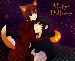  1boy alternate_costume animal_ears black_gloves black_hair bob_cut brown_hair cape carrying dress female formal fox_ears fox_girl fox_tail gloves halloween halloween_costume happy_halloween haruka_(tactics) hug lowres oerba_yun_fang pumpkin purple_eyes red_dress sakura_maccha short_hair sky smile star_(sky) starry_sky straight tactics tail vampire youko_(tactics) 