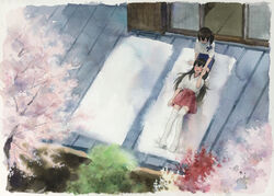  2girls akagi_(kancolle) brown_hair commentary_request japanese_clothes kaga_(kancolle) kantai_collection lap_pillow long_hair lying multiple_girls on_back open_mouth painting_(medium) rooftop seiza shijukara_(great_tit) side_ponytail sitting smile traditional_media watercolor_(medium) 