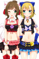  2girls :t animal_ear_headphones animal_ears armlet bad_id bad_pixiv_id bare_shoulders blush brown_hair cat_ear_headphones cat_ears cat_tail collar crop_top crown detached_collar fake_animal_ears frilled_skirt frills garter_straps green_eyes headphones idolmaster idolmaster_cinderella_girls jewelry maekawa_miku multiple_girls navel necklace one_eye_closed over_the_collar_(idolmaster) pout red_legwear short_hair skirt tada_riina tail thighhighs tongue tongue_out trente 