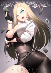  bad_anatomy blonde_hair blue_eyes blush bodysuit breast_hold breasts bu_li card chains closers commentary cowboy_shot english_commentary female gloves harpy_(closers) large_breasts long_hair looking_at_viewer looking_down open_clothes open_mouth shirt solo t-shirt unbuttoned unzipped 