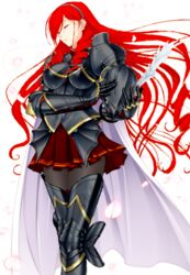  black_armor gold_trim long_hair recolor red_hair skirt 