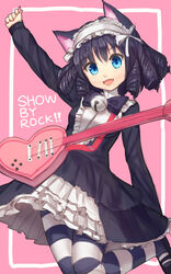  animal_ears arm_up bell black_dress black_hair blue_eyes cat_ears cat_girl collar commentary_request copyright_name cyan_(show_by_rock!!) dress drill_hair electric_guitar female guitar hairband heart_guitar highres instrument lolita_fashion lolita_hairband long_sleeves neck_bell oerba_yun_fang open_mouth pantyhose photoshop_(medium) pink_background shone show_by_rock!! simple_background smile solo standing standing_on_one_leg strawberry_heart_(show_by_rock!!) striped_clothes striped_dress striped_pantyhose 