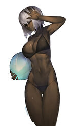  beach_volleyball bikini black_bikini breasts cleavage commentary covering_face dark-skinned_female dark_skin female highres large_breasts mukka one_eye_closed original short_hair silver_hair solo swimsuit very_dark_skin white_background 