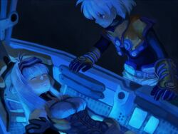  1boy android bad_id bad_pixiv_id belt blue_theme chaos_(xenosaga) female gloves kos-mos kutta lying on_back robot sleeping white_hair xenosaga 