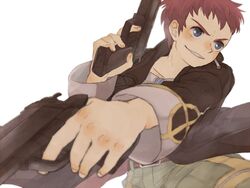  1boy bad_id bad_pixiv_id blue_eyes dual_wielding gun holding jr. kutta male_focus red_hair solo weapon xenosaga 