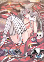  animal_ears book bra breasts candle card cleavage comiket_87 commentary_request crown death_(tarot) demon_tail disembodied_mouth eyeball female glasses gloves grey_hair heterochromia highres horns large_breasts long_hair original panties red_eyes skull solo striped_clothes striped_thighhighs tail tarot tarot_(card) teeth the_devil_(tarot) thighhighs tokiti underwear underwear_only vertical-striped_clothes vertical-striped_thighhighs vial yellow_eyes 