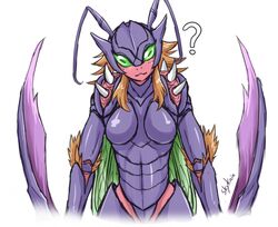  2014 antennae_(anatomy) anthro arthropod breasts exoskeleton female fur green_eyes hair insect_wings insects kha&#039;zix_(lol) league_of_legends looking_at_viewer non-mammal_breasts nude orange_body orange_fur orange_hair purple_body purple_exoskeleton purple_skin question_mark riot_games rule_63 simple_background skykain solo spikes tencent void_monster voidborn white_background wings 