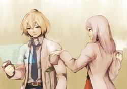  1boy bad_id bad_pixiv_id blonde_hair book cup female galea_(xenoblade) grey_hair klaus_(xenoblade) kutta lab_coat mug necktie spoilers xenoblade_chronicles_(series) xenoblade_chronicles_1 