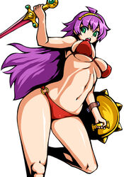  1zu3 ahoge athena_(series) bad_id bad_pixiv_id bikini female green_eyes hairband navel open_mouth princess_athena purple_hair red_bikini shield snk solo swimsuit sword weapon 