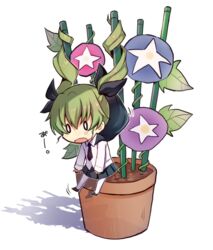  anchovy_(girls_und_panzer) anzio_school_uniform bad_id bad_pixiv_id blue_flower cape chibi female flower flower_pot girls_und_panzer green_hair hair_ribbon long_hair mini_person minigirl morning_glory necktie o_o open_mouth pantyhose pink_flower plant pleated_skirt potted_plant purple_flower ribbon school_uniform shirt skirt solo star_(symbol) twintails white_background white_pantyhose yuukome_(tekunon) 