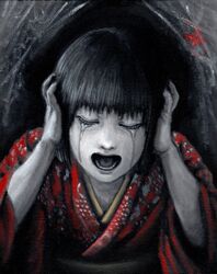  black_hair bob_cut closed_eyes colored_skin commentary_request covering_own_ears crying fatal_frame fatal_frame_2 female head_tilt japanese_clothes kimono obi oil_painting_(medium) open_mouth painting_(medium) sash short_hair solo tachibana_chitose traditional_media upper_body watari_ninja white_skin 