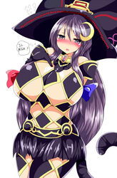  argyle_clothes argyle_cutout argyle_legwear black_gloves blue_ribbon blush breasts checkered choker clothing_cutout commentary_request cosplay crescent crescent_hair_ornament elbow_gloves female fiore_brunelli fiore_brunelli_(cosplay) flying_sweatdrops gloves hair_ornament hand_on_own_chest hat highres huge_breasts long_hair looking_at_viewer microskirt patchouli_knowledge purple_eyes purple_hair red_ribbon revealing_clothes ribbon skirt solo star_ocean star_ocean_integrity_and_faithlessness tail taku_(yakumodaisuki) touhou very_long_hair witch_hat 