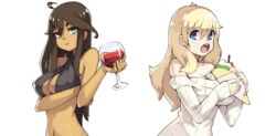  2girls ahoge alcohol bare_arms bare_shoulders blonde_hair blue_eyes breasts brown_hair cleavage commentary contrast crepe criss-cross_halter dark-skinned_female dark_skin dress english_commentary fingernails food food_between_breasts glass hair_between_eyes halterneck highres holding holding_food large_breasts long_sleeves looking_at_viewer multiple_girls nail_polish pocket_waifu revealing_clothes simple_background sleeves_past_wrists sweater sweater_dress upper_body vins-mousseux white_background white_nails white_sweater wine 