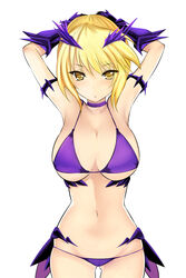  armpits arms_up artoria_pendragon_(fate) artoria_pendragon_(lancer_alter)_(fate) bad_id bad_pixiv_id bikini blonde_hair breasts brown_eyes cleavage commentary_request fate/grand_order fate_(series) female jitome large_breasts looking_at_viewer purple_bikini shima-shuu short_hair simple_background skindentation solo swimsuit white_background 