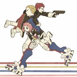  2boys bad_id bad_pixiv_id blonde_hair carrying carrying_over_shoulder carrying_under_arm cyborg female gun jr. kutta limited_palette m.o.m.o. multiple_boys pink_hair red_hair weapon xenosaga ziggy 