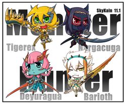  2011 accessory anthro armor barioth beak black_hair blonde_hair blue_body blue_eyes blue_skin border breasts capcom chibi cleavage clothed clothing deyuragua dragon english_text european_mythology eyewear fangs female flying_wyvern glasses green_eyes group hair headband horn lance_(disambiguation) looking_at_viewer melee_weapon monster_hunter mythological_creature mythological_scalie mythology nargacuga natasha_(skykain) non-mammal_breasts one_eye_closed open_mouth pink_hair pseudowyvern pupils red_body red_eyes red_skin scalie skykain slit_pupils sword tail tanya_(skykain) teeth text tigrex weapon western_dragon white_body white_border white_hair white_skin wink wyvern yellow_body yellow_eyes yellow_skin 