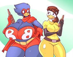  alcohol anatid anseriform anthro avian beak beverage big_breasts bird breasts brown_hair busty_bird corvid corvus_(genus) crow duck duo female hair hi_res huge_breasts jaeh non-mammal_breasts oscine passerine simple_background wide_hips 