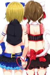  2girls animal_ear_headphones animal_ears armlet bad_id bad_pixiv_id bare_shoulders brown_hair cat_ear_headphones cat_ears cat_tail crop_top detached_collar fake_animal_ears frilled_skirt frills from_behind garter_straps headphones heart holding_hands idolmaster idolmaster_cinderella_girls interlocked_fingers jewelry maekawa_miku multiple_girls over_the_collar_(idolmaster) red_legwear short_hair skirt tada_riina tail thighhighs trente yuri 