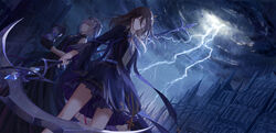  2girls black_dress black_hair breasts building castle circlet cloud cloudy_sky collared_dress commentary_request dress dutch_angle expressionless floating_hair gold hair_between_eyes highres holding holding_hourglass holding_scythe holding_weapon hourglass lightning long_hair multiple_girls neck_ribbon original outdoors purple_dress purple_eyes purple_ribbon rain ribbon scythe short_hair sidelocks silver_hair sky sleeveless sleeveless_dress storm water weapon wide_sleeves wind xing_muhen yellow_eyes 