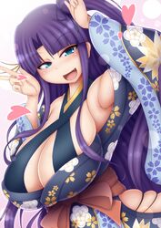  armpits bare_shoulders blue_eyes blush borrowed_character breasts cleavage female female highres huge_breasts japanese_clothes long_hair looking_at_viewer open_mouth ponpo purple_hair revealing_clothes side_ponytail solo standing v yukata 