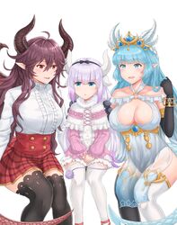  3girls ahoge asymmetrical_legwear bare_shoulders beads black_gloves black_hairband black_legwear blue_eyes blue_hair blunt_bangs breasts calligraphy_brush_(medium) capelet center_frills cleavage cleavage_cutout clothing_cutout collared_dress commentary commission covered_navel crossover crown dragon_girl dragon_horns dragon_wings dress elbow_gloves frilled_capelet frills fur_trim gem gloves gold gradient_hair grea_(shingeki_no_bahamut) hair_beads hair_between_eyes hair_ornament hairband halter_dress halterneck high-waist_skirt highres horns invisible_chair kanna_kamui king&#039;s_raid kobayashi-san_chi_no_maidragon laias_(king&#039;s_raid) large_breasts light_purple_hair long_hair long_sleeves looking_at_another low_twintails mismatched_legwear multicolored_hair multiple_crossover multiple_girls o-ring open_mouth own_hands_together pink_dress pointy_ears purple_eyes purple_hair red_skirt ribbed_dress see-through shingeki_no_bahamut shirt simple_background sitting skirt smile species_connection springveiv sweater sweater_dress tail thighhighs trait_connection twintails underbust very_long_hair white_background white_dress white_hair white_legwear white_shirt white_skirt wings 