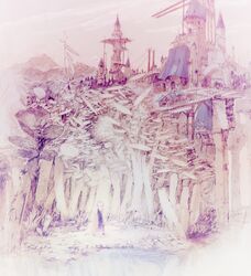  alphabet_(alphabetnoon) bad_id bad_pixiv_id castle commentary_request fantasy female forest graphite_(medium) highres long_hair nature original pointy_ears pond scenery solo standing traditional_media wide_shot 