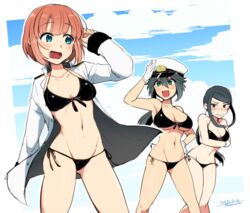  3girls bad_id bad_twitter_id bikini black_hair blue_eyes blush borrowed_character breasts embarrassed female_admiral_(kancolle) gloves green_eyes hat ikeshita_moyuko jacket kantai_collection large_breasts long_hair low_ponytail midriff multiple_girls narumi_tsuyu navel open_mouth shiomi_kaoru short_hair swimsuit 