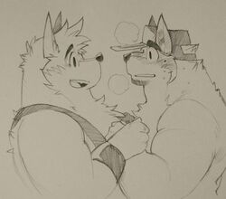  2015 anthro baker_(kokuhane) biceps big_muscles canid canine canis chest_tuft clothing domestic_dog duo fur kokukokuboo male mammal muscular muscular_male overalls pecs tuft wolf wuffle wuffle_(webcomic) 