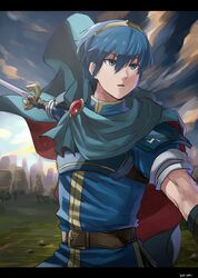  1boy armor blue_cape blue_eyes blue_hair breastplate cape commentary crown falchion_(fire_emblem) field fire_emblem fire_emblem:_mystery_of_the_emblem fire_emblem_heroes gloves highres kometubu0712 looking_past_viewer male_focus marth_(fire_emblem) mountainous_horizon red_cape shoulder_armor sky solo sword tiara weapon 