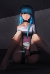  :3 against_wall arm_at_side bangs bare_legs bare_shoulders barefoot between_legs blue_eyes blue_hair blunt_bangs breasts choker collarbone dark day extended_magazine eyebrows eyebrows_visible_through_hair gun hand_between_legs handgun highres holding holding_gun holding_weapon knees_up large_breasts lips long_hair off_shoulder original panties pantyshot pantyshot_(sitting) parted_lips pistol shade shirt short_sleeves sitting smiley_face solo sunlight t-shirt teeth toenails toniwing trigger_discipline tsurime underwear v-shaped_eyebrows weapon 