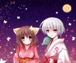  1boy albino animal_ears bob_cut breasts brown_hair bug butterfly choker female fox_ears fox_girl grey_hair ichinomiya_kantarou japanese_clothes kimono large_breasts moon muu-chan petals purple_eyes red_eyes red_kimono short_hair sky star_(sky) starry_sky tactics youko_(tactics) 