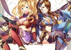  2girls arm_support armor bad_id bad_pixiv_id beatrix_(granblue_fantasy) blonde_hair blue_eyes breasts brown_eyes brown_hair cleavage crop_top gauntlets granblue_fantasy greaves hair_ornament hairband large_breasts lips long_hair looking_at_viewer midriff miniskirt multiple_girls navel open_mouth polearm ponytail red_armor serious shiyun simple_background sitting skirt smile spear sword thighhighs twintails weapon zeta_(granblue_fantasy) 