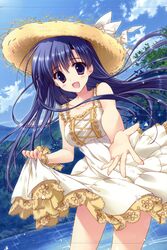  :d absurdres blue_eyes blue_hair blush bow cloud collarbone cropped day dress female flower hat highres hoshizora_e_kakaru_hashi koumoto_madoka lace long_hair open_mouth outdoors outstretched_hand ribbon ryouka_(suzuya) scan smile solo straw_hat stream sundress tree water 