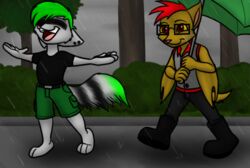  anthro avoid_posting bat canid canine canis dourdoofus duo jack_(disambiguation) kenyon male mammal megabat procyonid raccoon raining wolf 