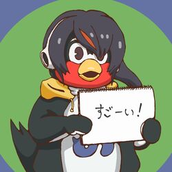  black_hair commentary_request cosplay emperor_penguin_(kemono_friends) emperor_penguin_(kemono_friends)_(cosplay) headphones holding japari_symbol japari_symbol_print kemono_friends mascot multicolored_hair nippon_professional_baseball no_humans orange_hair sketchbook solo streaked_hair tokyo_yakult_swallows translated tsubakurou two-tone_hair watari_ninja 