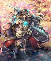  2girls armor bad_id bad_pixiv_id breasts brighid_(xenoblade) closed_eyes collarbone commentary_request crossed_arms dual_wielding fire gloves hat hikouki_(umiko003) holding long_hair medium_breasts military military_hat military_uniform morag_ladair_(xenoblade) multiple_girls pauldrons purple_hair reverse_grip reverse_trap short_hair shoulder_armor smile sword uniform weapon xenoblade_chronicles_(series) xenoblade_chronicles_2 