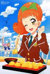  3girls absurdres aikatsu! aikatsu!_(series) amahane_madoka boots bow closed_eyes cloud day etoile_academy_school_uniform food hairbow highres imageboard_desourced kobe kobe_port_tower kurisu_kokone legs multiple_girls non-web_source official_art one_eye_closed orange_hair ozora_akari pink_hair school_uniform sky starlight_academy_school_uniform twintails water yellow_eyes 