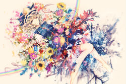  :&lt; autumn_leaves bare_legs barefoot blonde_hair blue_flower blue_hat blue_vest branch cherry_blossoms closed_mouth commentary female flower frilled_hat frills hat ice looking_at_viewer lying on_back orange_eyes pink_flower rainbow red_ribbon ribbon seasons shiki_eiki shirt short_hair simple_background snow solo sunflower tonan_(l0l0l0l0l0l) touhou vest white_background white_shirt yellow_flower 