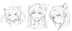  &gt;_&lt; abukuma_(kancolle) commentary_request cropped_torso duplicate expressions female greyscale kantai_collection kinosuke_(sositeimanoga) monochrome multiple_views open_mouth pixel-perfect_duplicate sweat sweatdrop 