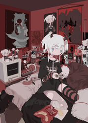  :&lt; arm_warmers asymmetrical_legwear bag_of_chips band_shirt bangs bed black_shirt black_socks black_thighhighs blue_eyes bone book book_stack cable cellphone cellphone_charm chains character_doll charm_(object) chips clock closed_mouth clothes_writing collar commentary_request controller crt demon_girl demon_horns dot_nose eguchi_saan english_text expressionless female figure fishnet_pantyhose fishnets flip_phone food frilled_pillow frills full_body game_controller gamepad hair_ornament hairclip hanging_scroll highres holding holding_controller holding_game_controller horns indoors knife_in_head looking_at_viewer loose_socks medium_hair merchandise off_shoulder on_bed original oversized_clothes oversized_shirt pantyhose phone pillow poster_(object) potato_chips red_theme red_thighhighs scar scar_on_leg scar_on_neck scroll shirt single_leg_pantyhose single_thighhigh sitting socks socks_over_pantyhose socks_over_thighhighs solo spiked_collar spikes sticker striped striped_thighhighs stuffed_toy super_famicom_gamepad t-shirt television thighhighs torn_pantyhose two_side_up wariza wavy_eyes white_hair 