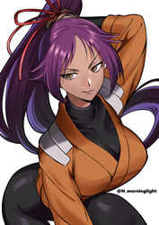  absurdres asakou_(n_morninglight) black_bodysuit bleach bodysuit bodysuit_under_clothes breasts brown_eyes closed_mouth commentary_request covered_collarbone dark-skinned_female dark_skin female high_ponytail highres large_breasts long_hair looking_at_viewer orange_shirt ponytail purple_hair shihouin_yoruichi shirt simple_background smile solo twitter_username very_long_hair white_background 