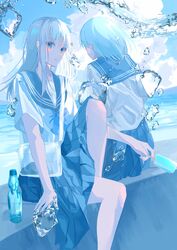  2girls bag blue_bow blue_eyes blue_hair blue_skirt blue_theme bottle bow cloud cloudy_sky commentary_request day facing_away food hair_between_eyes highres knees knees_up long_hair looking_at_viewer multiple_girls ocean original parted_lips pleated_skirt popsicle school_bag school_uniform shirt short_hair sidelocks sitting skirt sky sparkle sunlight sutera_sea water water_drop white_hair white_shirt 