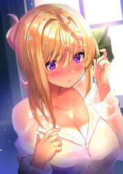  blonde_hair blush braid braided_bangs breasts cleavage closed_mouth female green_ribbons hair_between_eyes hair_ribbon highres kantai_collection large_breasts long_sleeves looking_at_viewer o-sirius perth_(kancolle) purple_eyes ribbon shirt solo upper_body white_shirt window 