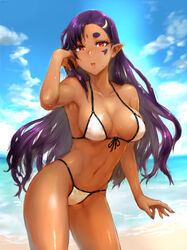  armpits beach bikini breasts commentary_request dark-skinned_female dark_skin day elf female highres large_breasts long_hair looking_at_viewer navel original outdoors pointy_ears purple_hair red_eyes sasagawa_(haikaiki) solo swimsuit wet 