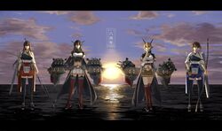  4girls akagi_(kancolle) akagi_kai_ni_(kancolle) anchor anniversary arrow_(projectile) black_gloves black_hair black_skirt black_thighhighs blue_hakama bow_(weapon) breasts brown_gloves brown_hair closed_mouth cloud crossed_arms elbow_gloves flight_deck garter_straps gloves green_eyes hair_between_eyes hakama hakama_short_skirt hakama_skirt hand_on_own_cheek hand_on_own_face headgear highres holding holding_bow_(weapon) holding_weapon japanese_clothes kaga_(kancolle) kaga_kai_ni_(kancolle) kantai_collection large_breasts letterboxed long_hair machi_(ritovoyage) multiple_girls muneate mutsu_(kancolle) mutsu_kai_ni_(kancolle) nagato_(kancolle) nagato_kai_ni_(kancolle) ocean outdoors parted_lips partially_fingerless_gloves pleated_skirt ponytail quiver red_eyes red_hakama red_legwear rigging short_hair short_sleeves side_ponytail single_glove skirt sky standing star_(sky) sun tasuki thighhighs twitter_username weapon white_gloves white_skirt yugake 