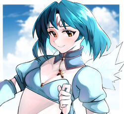  .hack// .hack//sign absurdres angel_wings bad_id bad_twitter_id breasts cleavage cloud commentary commission detached_collar english_commentary eyebrows facial_mark female forehead_mark highres kumaartsu looking_at_viewer medium_breasts medium_hair open_mouth puffy_short_sleeves puffy_sleeves short_sleeves sky solo subaru_(.hack//) upper_body wings 