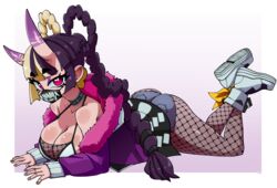  2023 absurd_res asian_mythology ass big_breasts blonde_hair breasts cleavage clothed clothing demon east_asian_mythology female footwear hair hi_res horn horned_humanoid humanoid japanese_mythology looking_at_viewer lying multicolored_hair mythology not_furry nuclearwasabi on_front oni pink_eyes purple_hair shoes simple_background solo two_tone_hair yokai 