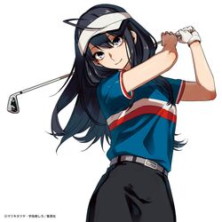  act-age ahoge black_hair company_connection cosplay eyelashes female gloves golf golf_club happy hatohara_robato hatohara_robato_(cosplay) long_hair looking_at_viewer official_art robot_x_laserbeam shirt shounen_jump sidelocks simple_background smile solo standing usasaki_shiro visor_cap white_background white_gloves yonagi_kei 