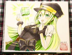  alina_gray black_bow black_hat black_vest blush bow breasts chains chauke female finger_to_mouth fur_cuffs gem green_eyes green_gemstone green_hair hair_between_eyes hat lapels long_hair looking_at_viewer magia_record:_mahou_shoujo_madoka_magica_gaiden magical_girl mahou_shoujo_madoka_magica medium_breasts multicolored_clothes multicolored_skirt open_mouth peaked_cap pleated_skirt puffy_short_sleeves puffy_sleeves see-through see-through_sleeves short_sleeves sidelocks skirt smile solo straight_hair striped_clothes striped_skirt traditional_media v-neck vertical-striped_clothes vertical-striped_skirt vest waist_bow white_sleeves 