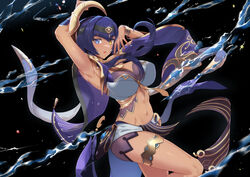  absurdres bare_shoulders blue_eyes blue_hair blue_shorts blue_skirt breasts bridal_gauntlets candace_(genshin_impact) cleavage crescent crescent_hair_ornament dark-skinned_female dark_skin detached_sleeves eye_of_horus female genshin_impact gold_trim hair_ornament hairband halterneck heterochromia highres jewelry large_breasts looking_at_viewer medium_hair navel neck_ring open_mouth pelvic_curtain sash short_shorts shorts sidelocks skirt solo thighlet thighs torahime_(roland00) water yellow_eyes 